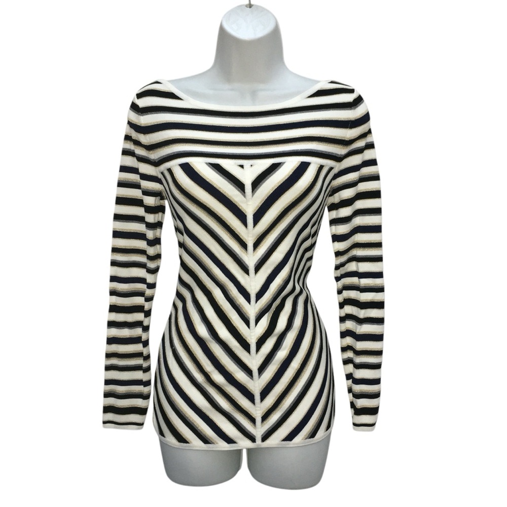 WHBM Knit Gold Black White Gray Striped Sparkle Stretch Top - Women’s Small